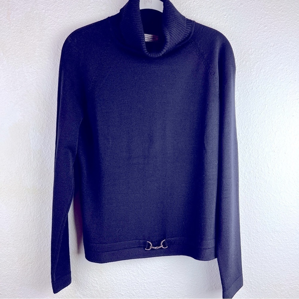 ST JOHN SPORT Turtleneck Sweater with gold color buckle & long sleeves. Size M